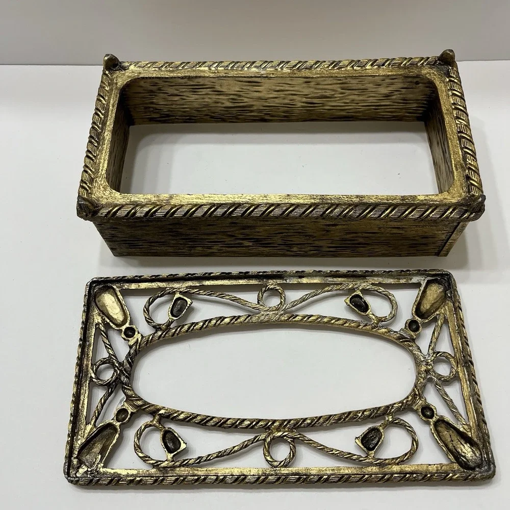 Vintage MCM Brass Tissue Box Cover Hollywood Regency Gold Filigree Tassels